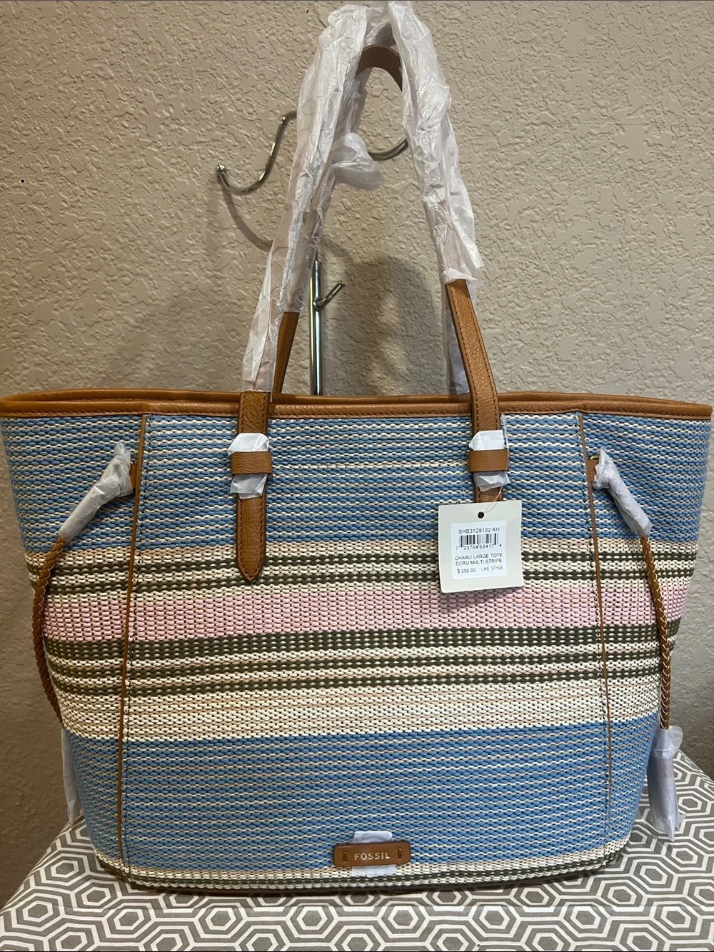 Fossil Blue, Pink & Tan Striped Woven Tote Charlie large tote